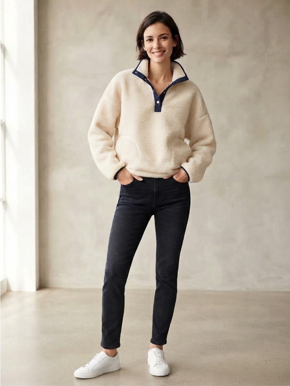 J. Crew Polartec Cream Teddy Sherpa Pullover with Navy Trim - Women's Small